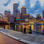 Evening view of the Boston waterfront skyline as seen from South Boston