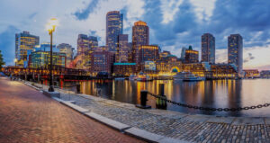 Evening view of the Boston waterfront skyline as seen from South Boston