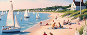 Painting of a sailboat near a beach with people picknicking on blankets